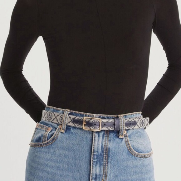 Tory Burch 1.5" T Monogram Belt jacquard Tory Navy Gold Size M Medium - Picture 8 of 9